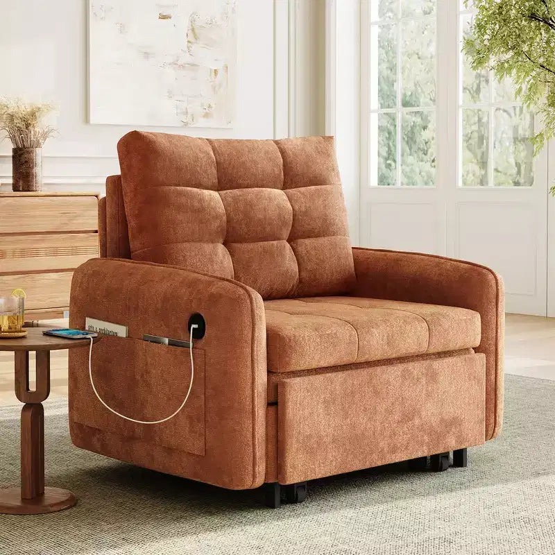 3-in-1 Sleeper Chair Bed, 80" Extra Long Pull Out Lounge, Chenille Single Sofa Bed with Storage Pockets
