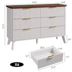 White 6-Drawer Dresser, 47.2 Wide Curved Fluted Design with Gold Handles, Thickened Modern Chest for Bedroom & Living Room.