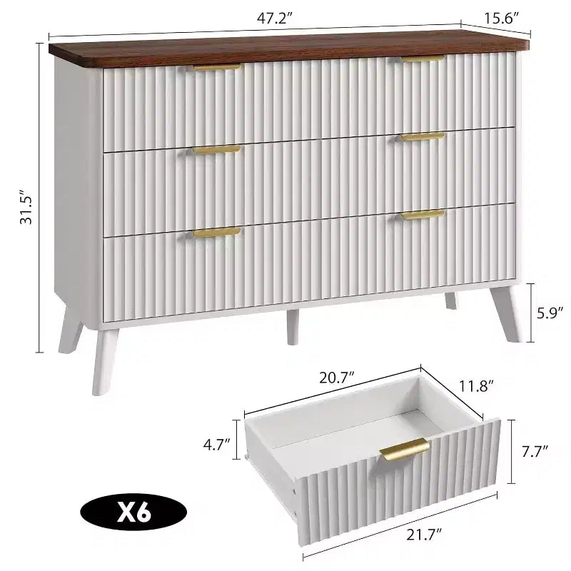 White 6-Drawer Dresser, 47.2 Wide Curved Fluted Design with Gold Handles, Thickened Modern Chest for Bedroom & Living Room.