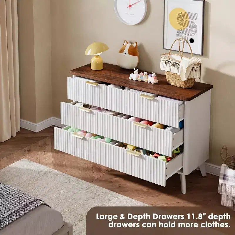 White 6-Drawer Dresser, 47.2 Wide Curved Fluted Design with Gold Handles, Thickened Modern Chest for Bedroom & Living Room.
