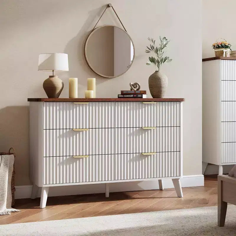 White 6-Drawer Dresser, 47.2 Wide Curved Fluted Design with Gold Handles, Thickened Modern Chest for Bedroom & Living Room.