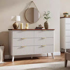 White 6-Drawer Dresser, 47.2 Wide Curved Fluted Design with Gold Handles, Thickened Modern Chest for Bedroom & Living Room.