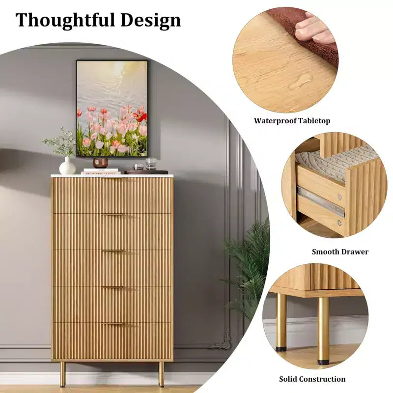 5-Drawer Dresser with Wide Drawers - Modern Wooden Chest for Bedroom, Living Room, Closet & Hallway Storage
