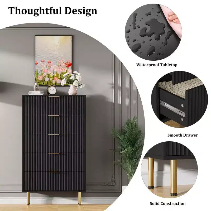 5-Drawer Dresser with Wide Drawers - Modern Wooden Chest for Bedroom, Living Room, Closet & Hallway Storage