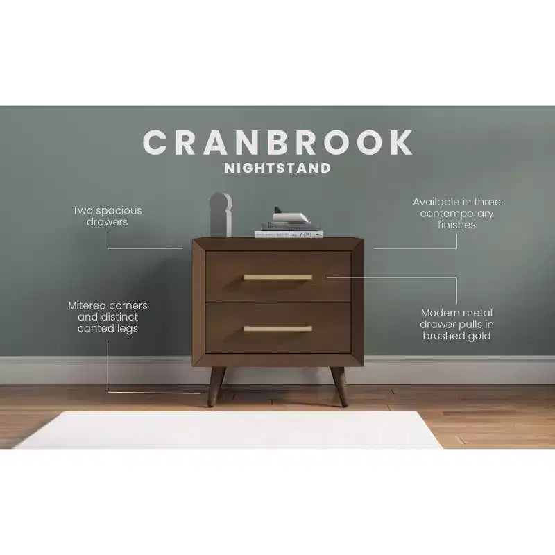 2 Drawer Nightstand for Nursery or Bedroom, Mid-Century Modern with Ball-Bearing Glides, Non-Toxic Finish