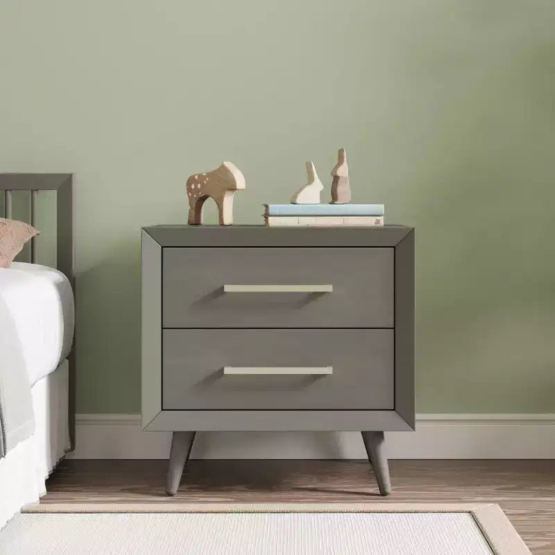 2 Drawer Nightstand for Nursery or Bedroom, Mid-Century Modern with Ball-Bearing Glides, Non-Toxic Finish