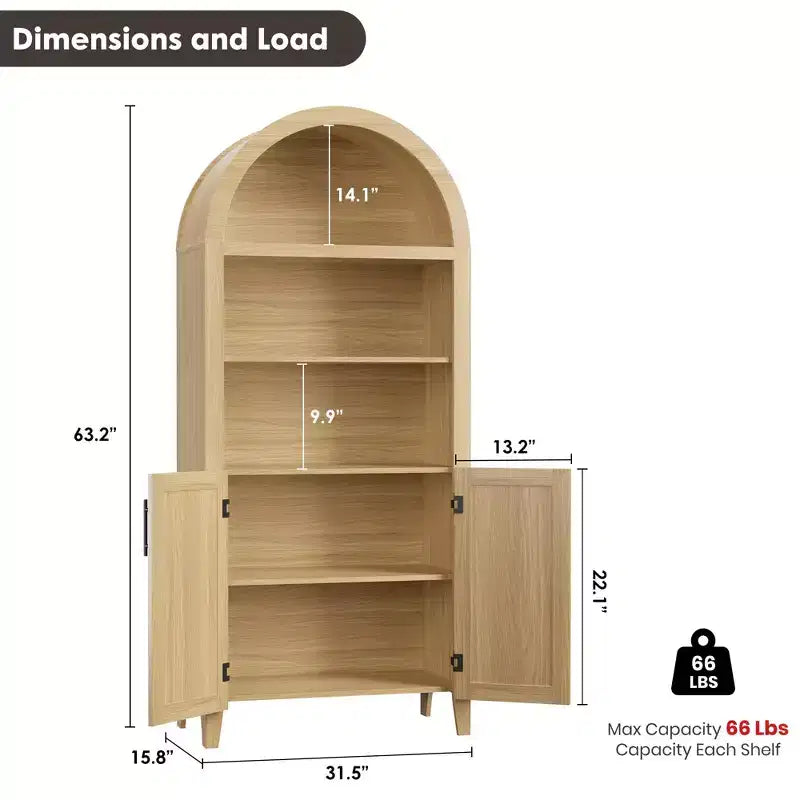 Arched Bookcase with Doors, 5-Tier Modern Bookshelf with Storage Cabinet, Open Display Shelf for Living Room Home Office