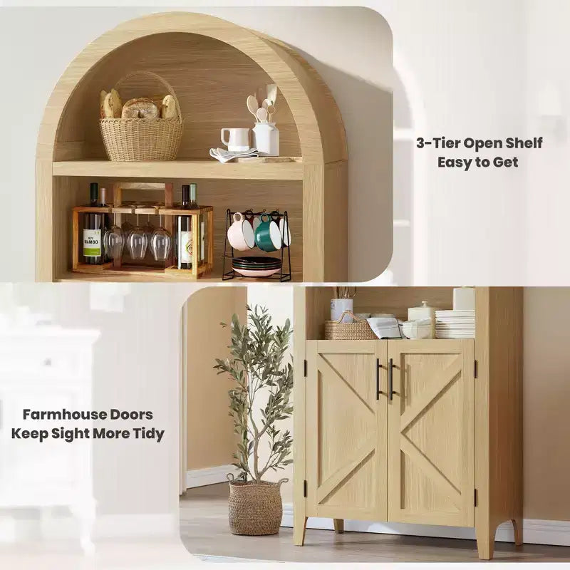 Arched Bookcase with Doors, 5-Tier Modern Bookshelf with Storage Cabinet, Open Display Shelf for Living Room Home Office