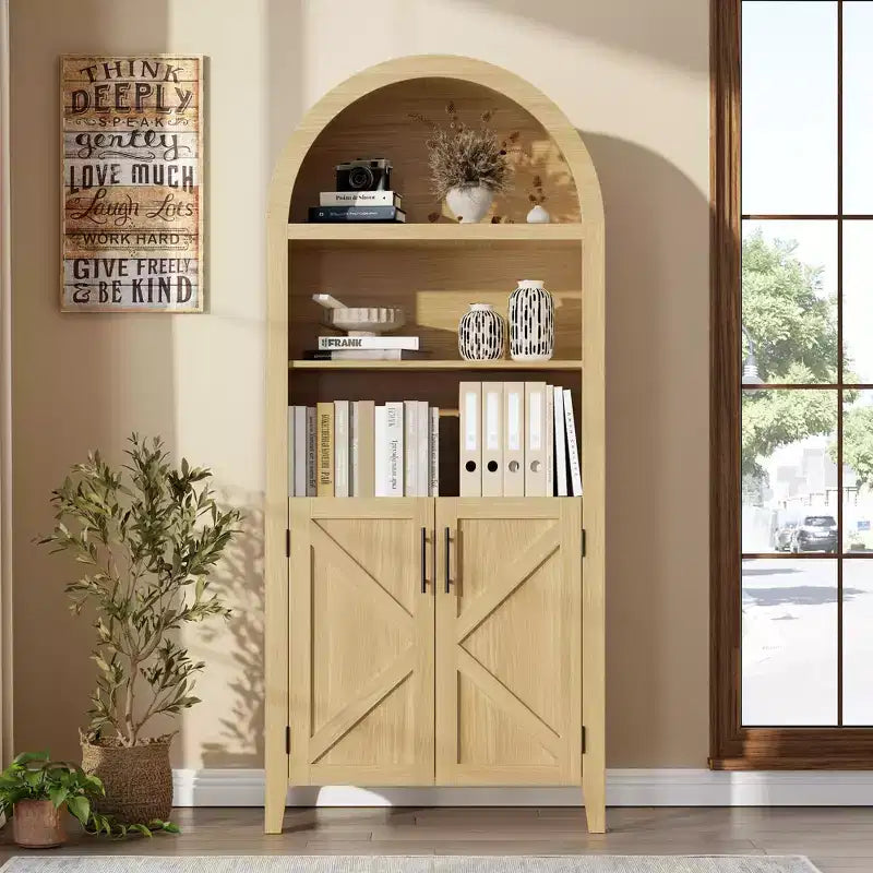 Arched Bookcase with Doors, 5-Tier Modern Bookshelf with Storage Cabinet, Open Display Shelf for Living Room Home Office