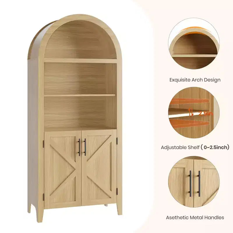 Arched Bookcase with Doors, 5-Tier Modern Bookshelf with Storage Cabinet, Open Display Shelf for Living Room Home Office