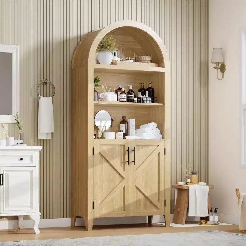 Arched Bookcase with Doors, 5-Tier Modern Bookshelf with Storage Cabinet, Open Display Shelf for Living Room Home Office