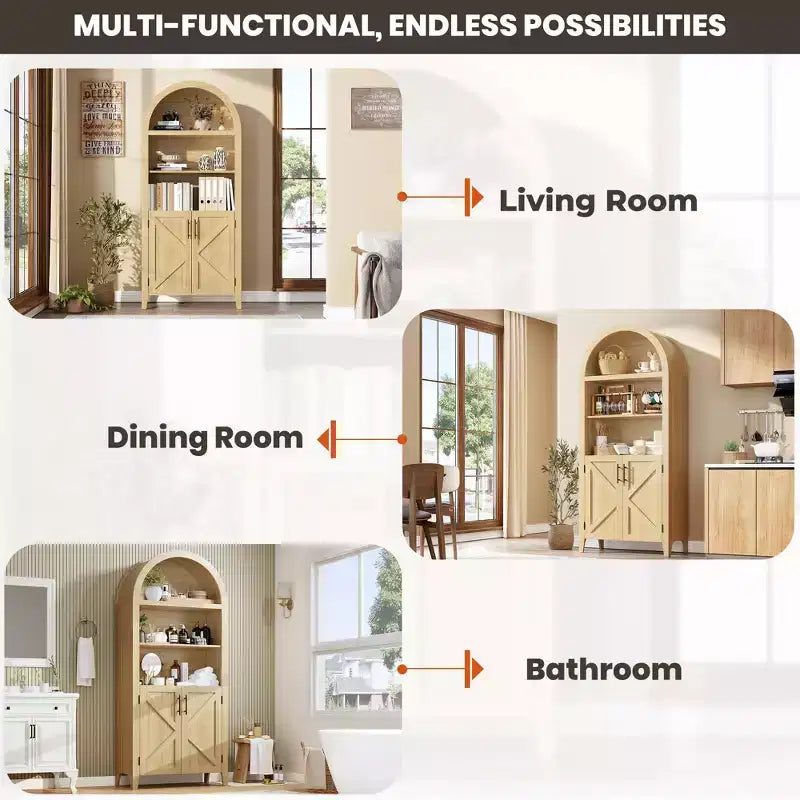 Arched Bookcase with Doors, 5-Tier Modern Bookshelf with Storage Cabinet, Open Display Shelf for Living Room Home Office