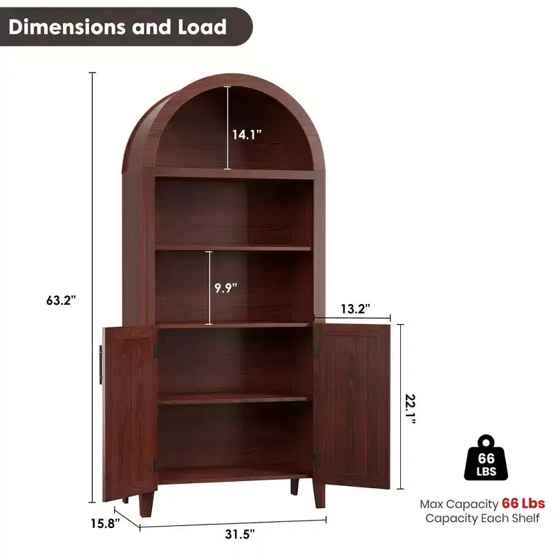 Arched Bookcase with Doors, 5-Tier Modern Bookshelf with Storage Cabinet, Open Display Shelf for Living Room Home Office