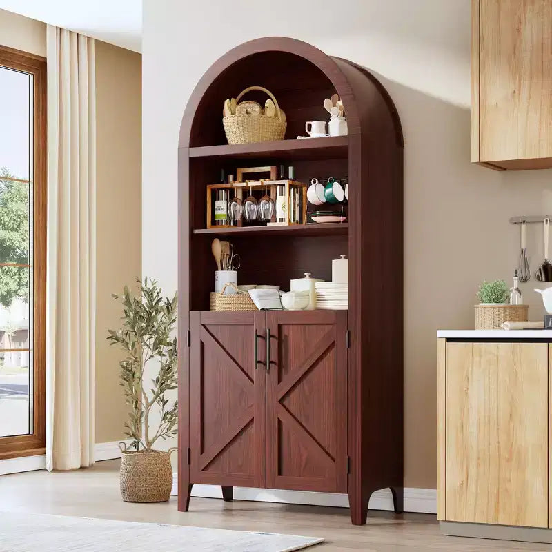 Arched Bookcase with Doors, 5-Tier Modern Bookshelf with Storage Cabinet, Open Display Shelf for Living Room Home Office