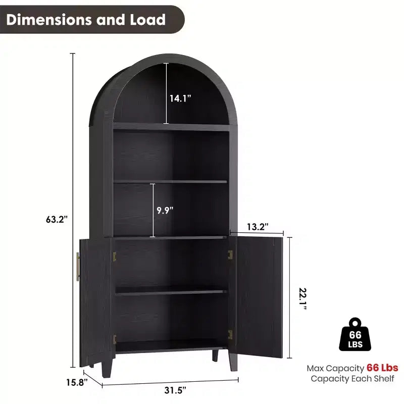 Arched Bookcase with Doors, 5-Tier Modern Bookshelf with Storage Cabinet, Open Display Shelf for Living Room Home Office