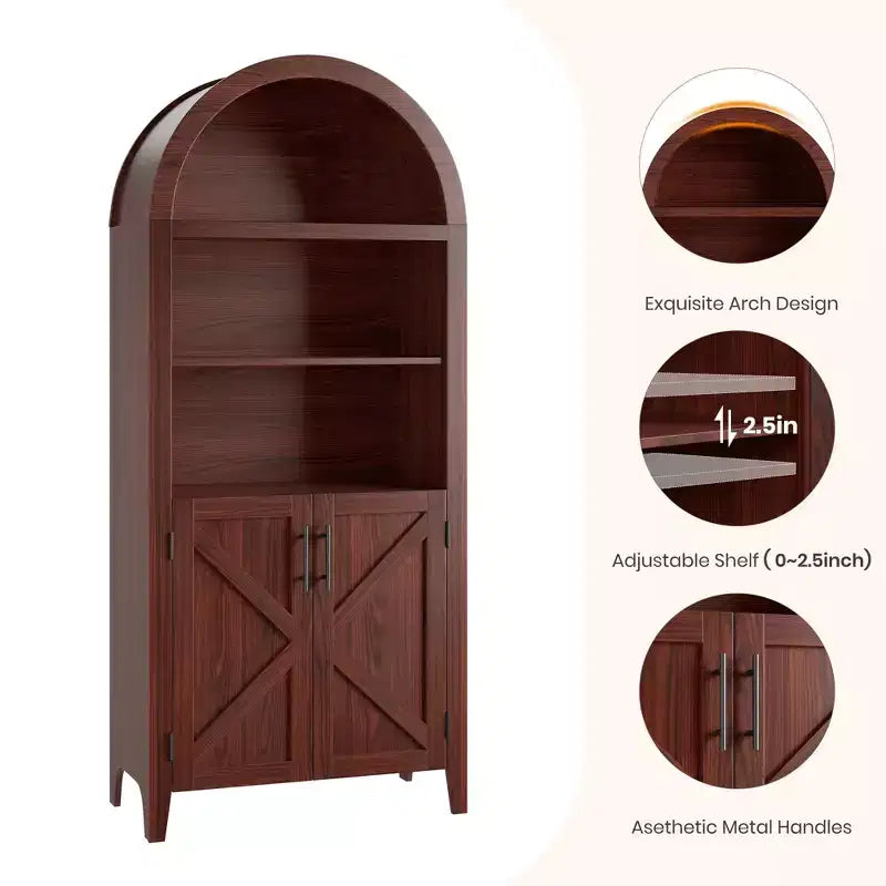 Arched Bookcase with Doors, 5-Tier Modern Bookshelf with Storage Cabinet, Open Display Shelf for Living Room Home Office