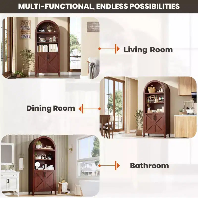 Arched Bookcase with Doors, 5-Tier Modern Bookshelf with Storage Cabinet, Open Display Shelf for Living Room Home Office