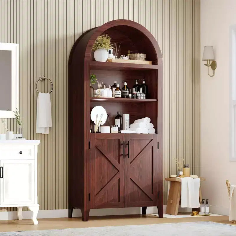 Arched Bookcase with Doors, 5-Tier Modern Bookshelf with Storage Cabinet, Open Display Shelf for Living Room Home Office