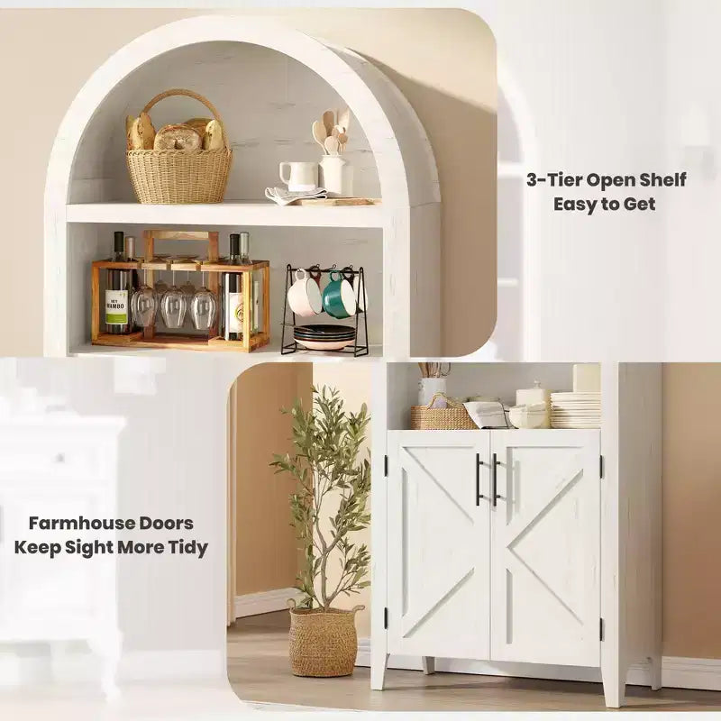 Arched Bookcase with Doors, 5-Tier Modern Bookshelf with Storage Cabinet, Open Display Shelf for Living Room Home Office
