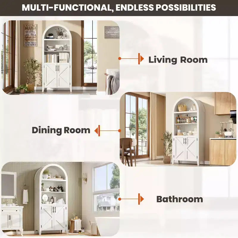 Arched Bookcase with Doors, 5-Tier Modern Bookshelf with Storage Cabinet, Open Display Shelf for Living Room Home Office