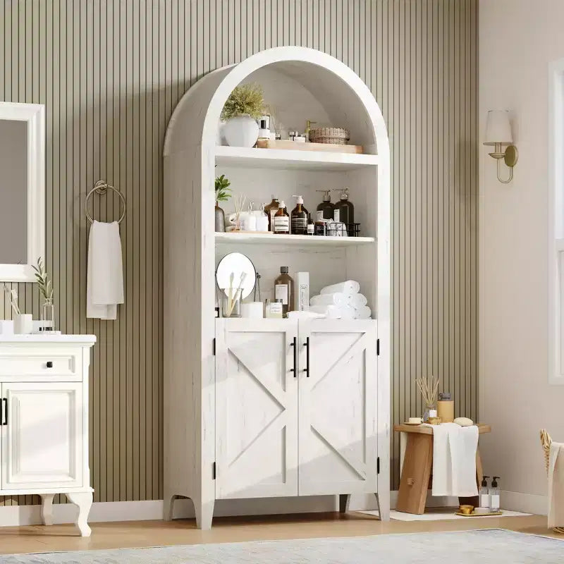 Arched Bookcase with Doors, 5-Tier Modern Bookshelf with Storage Cabinet, Open Display Shelf for Living Room Home Office