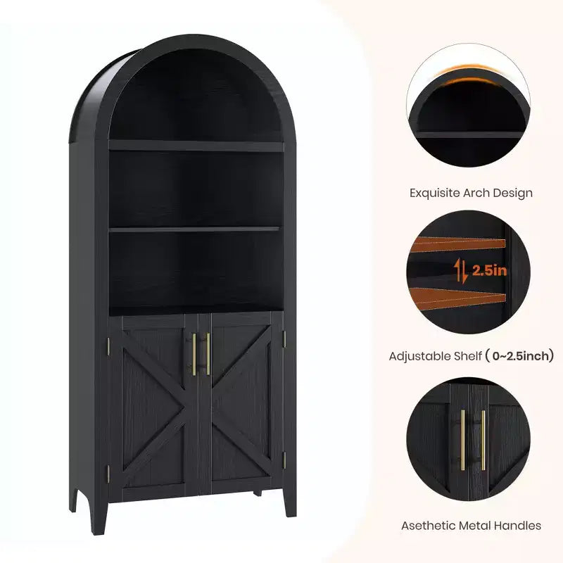 Arched Bookcase with Doors, 5-Tier Modern Bookshelf with Storage Cabinet, Open Display Shelf for Living Room Home Office