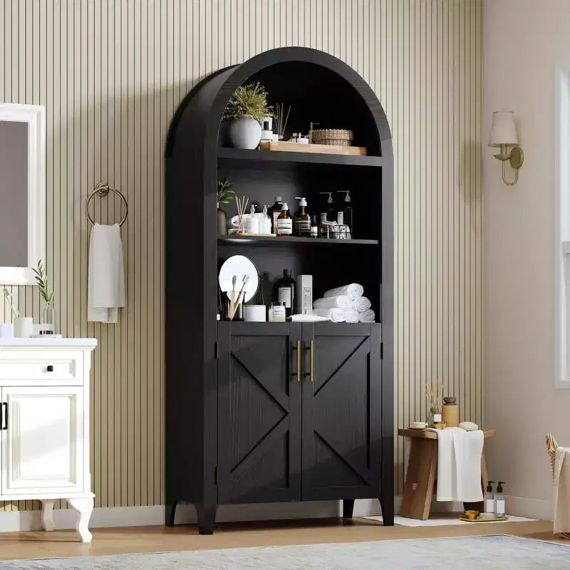 Arched Bookcase with Doors, 5-Tier Modern Bookshelf with Storage Cabinet, Open Display Shelf for Living Room Home Office