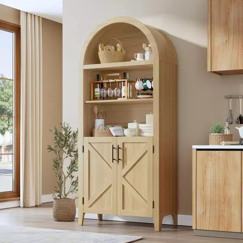 Arched Bookcase with Doors, 5-Tier Modern Bookshelf with Storage Cabinet, Open Display Shelf for Living Room Home Office