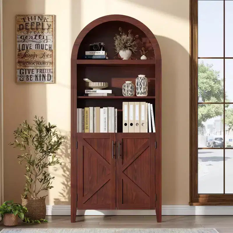 Arched Bookcase with Doors, 5-Tier Modern Bookshelf with Storage Cabinet, Open Display Shelf for Living Room Home Office