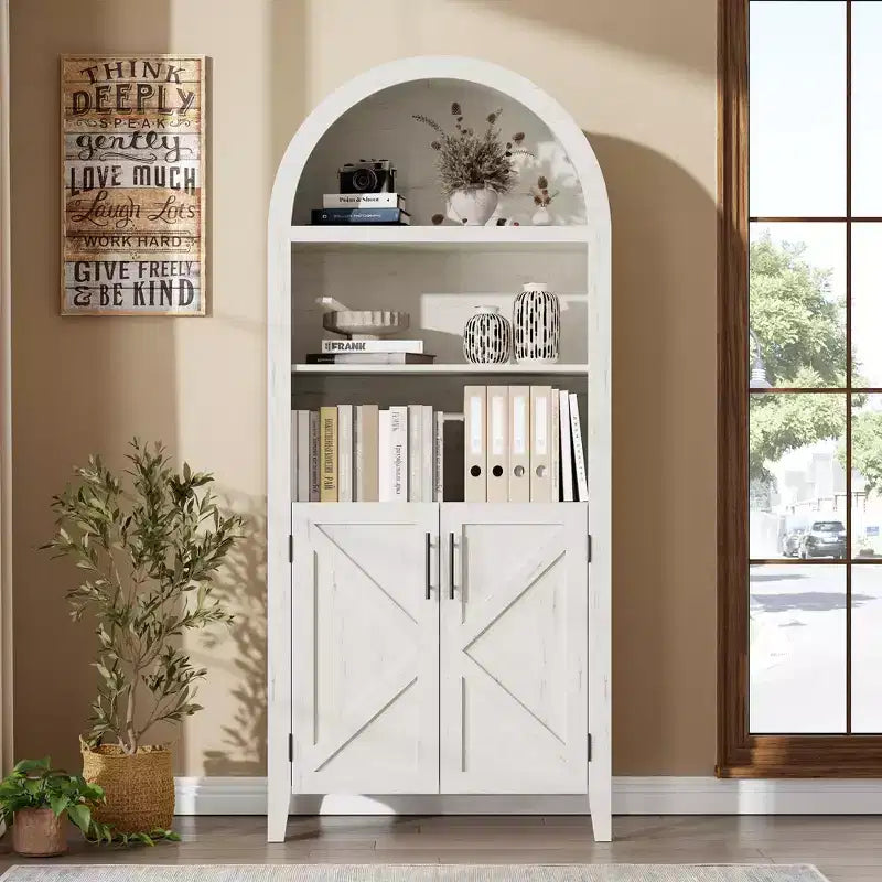 Arched Bookcase with Doors, 5-Tier Modern Bookshelf with Storage Cabinet, Open Display Shelf for Living Room Home Office