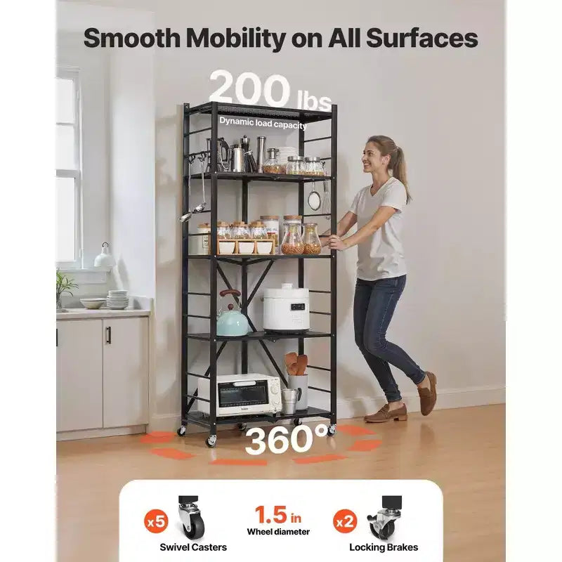 5-Tier Foldable Storage Shelf with Wheels, 28x13x66-Inch Metal Shelving Unit