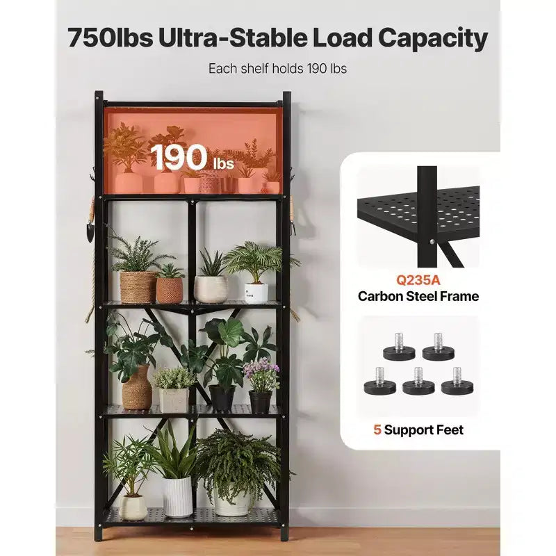 5-Tier Foldable Storage Shelf with Wheels, 28x13x66-Inch Metal Shelving Unit
