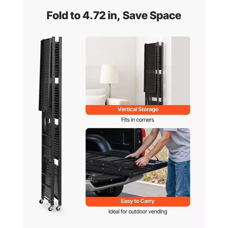 5-Tier Foldable Storage Shelf with Wheels, 28x13x66-Inch Metal Shelving Unit