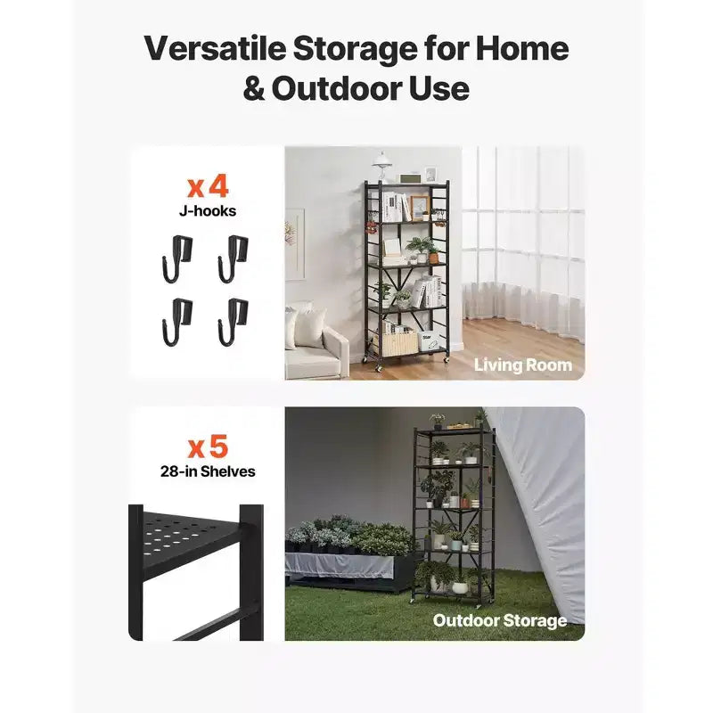 5-Tier Foldable Storage Shelf with Wheels, 28x13x66-Inch Metal Shelving Unit