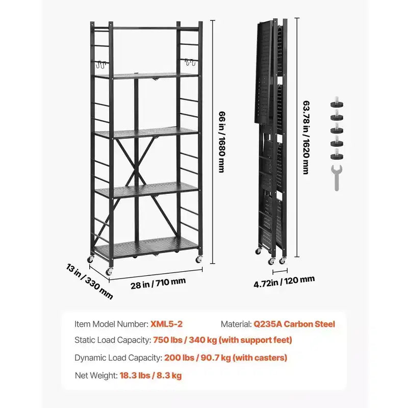 5-Tier Foldable Storage Shelf with Wheels, 28x13x66-Inch Metal Shelving Unit