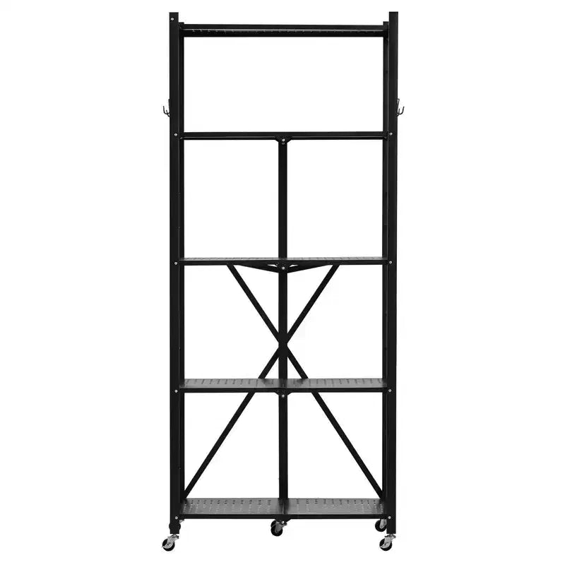 5-Tier Foldable Storage Shelf with Wheels, 28x13x66-Inch Metal Shelving Unit