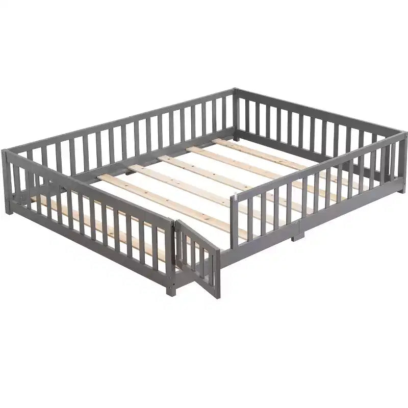 Queen Size Floor Bed with Door and Fence, Montessori Bed with Guardrails and Slats, Wood Platform Bed Frame for Girls and Boys