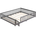Queen Size Floor Bed with Door and Fence, Montessori Bed with Guardrails and Slats, Wood Platform Bed Frame for Girls and Boys