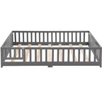 Queen Size Floor Bed with Door and Fence, Montessori Bed with Guardrails and Slats, Wood Platform Bed Frame for Girls and Boys