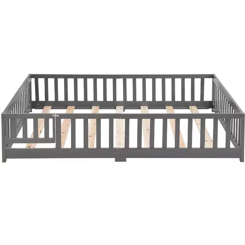 Queen Size Floor Bed with Door and Fence, Montessori Bed with Guardrails and Slats, Wood Platform Bed Frame for Girls and Boys