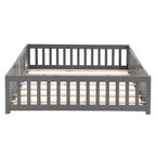 Queen Size Floor Bed with Door and Fence, Montessori Bed with Guardrails and Slats, Wood Platform Bed Frame for Girls and Boys