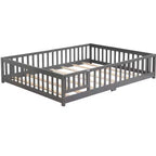 Queen Size Floor Bed with Door and Fence, Montessori Bed with Guardrails and Slats, Wood Platform Bed Frame for Girls and Boys