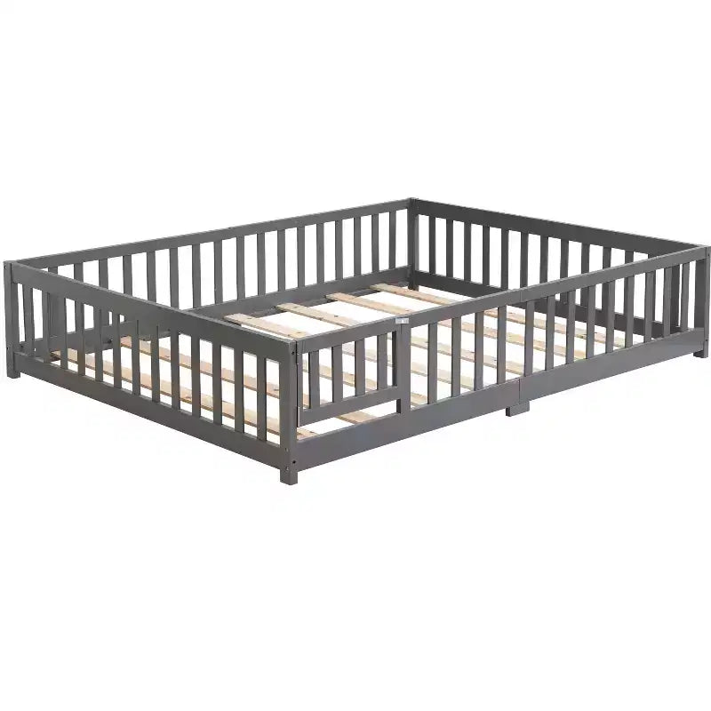 Queen Size Floor Bed with Door and Fence, Montessori Bed with Guardrails and Slats, Wood Platform Bed Frame for Girls and Boys
