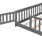 Queen Size Floor Bed with Door and Fence, Montessori Bed with Guardrails and Slats, Wood Platform Bed Frame for Girls and Boys