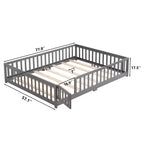 Queen Size Floor Bed with Door and Fence, Montessori Bed with Guardrails and Slats, Wood Platform Bed Frame for Girls and Boys
