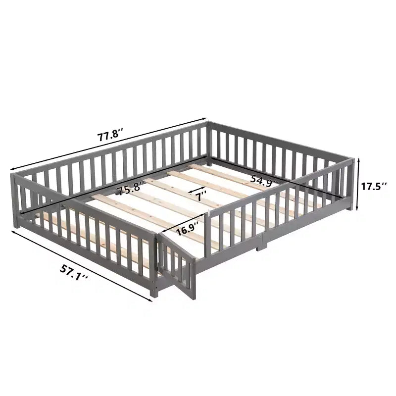 Queen Size Floor Bed with Door and Fence, Montessori Bed with Guardrails and Slats, Wood Platform Bed Frame for Girls and Boys