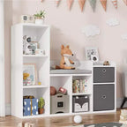 Wooden Kids Bookshelf, 5-Cubby Playhouse Bookcase with Storage Boxes, Organizer Shelf for Nursery Playroom Bedroom, White