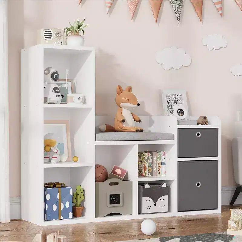 Wooden Kids Bookshelf, 5-Cubby Playhouse Bookcase with Storage Boxes, Organizer Shelf for Nursery Playroom Bedroom, White