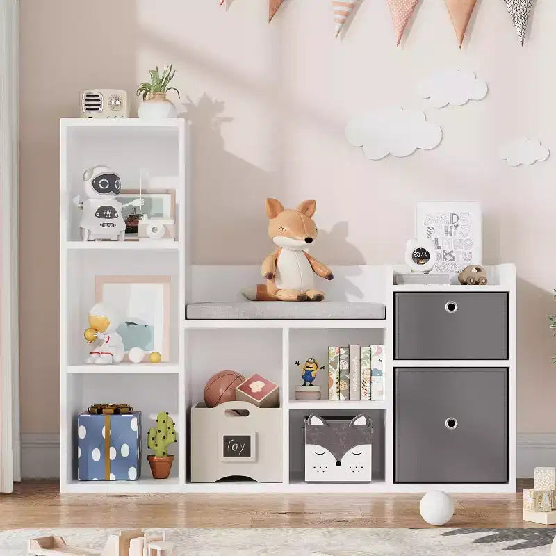 Wooden Kids Bookshelf, 5-Cubby Playhouse Bookcase with Storage Boxes, Organizer Shelf for Nursery Playroom Bedroom, White