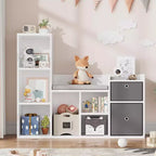 Wooden Kids Bookshelf, 5-Cubby Playhouse Bookcase with Storage Boxes, Organizer Shelf for Nursery Playroom Bedroom, White